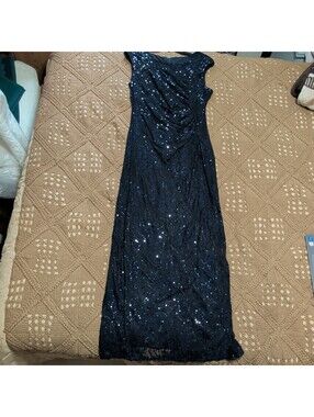 Leslie Fay Maxi Dress Size 10 Black Sequin Lace V-Neck Sleeveless Zip Long